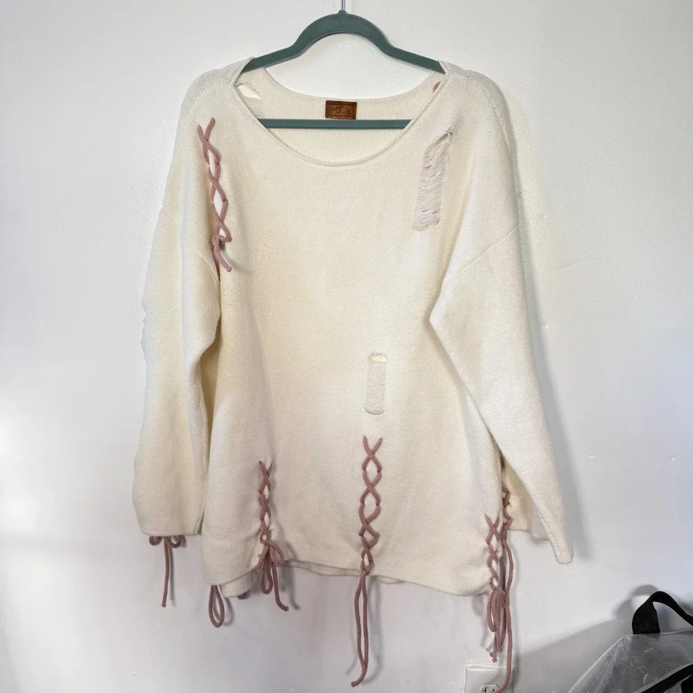 POL Cream Distressed Lace‎ Up Oversized Knit Sweater Pink Cord Detail S
